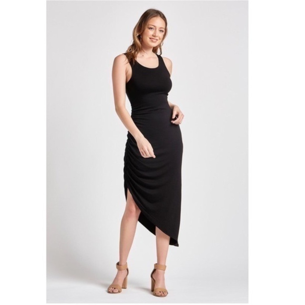 PLUS BLACK SOLID RUCHED DRESS